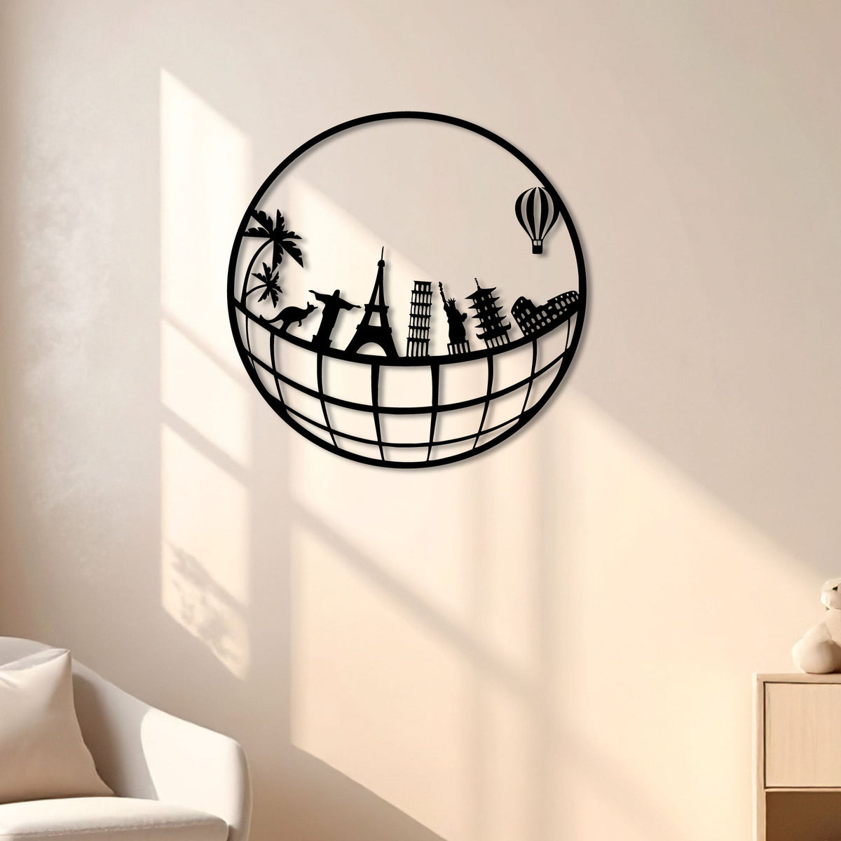 Monuments du monde dans un cercle en métal noir, 45 cm