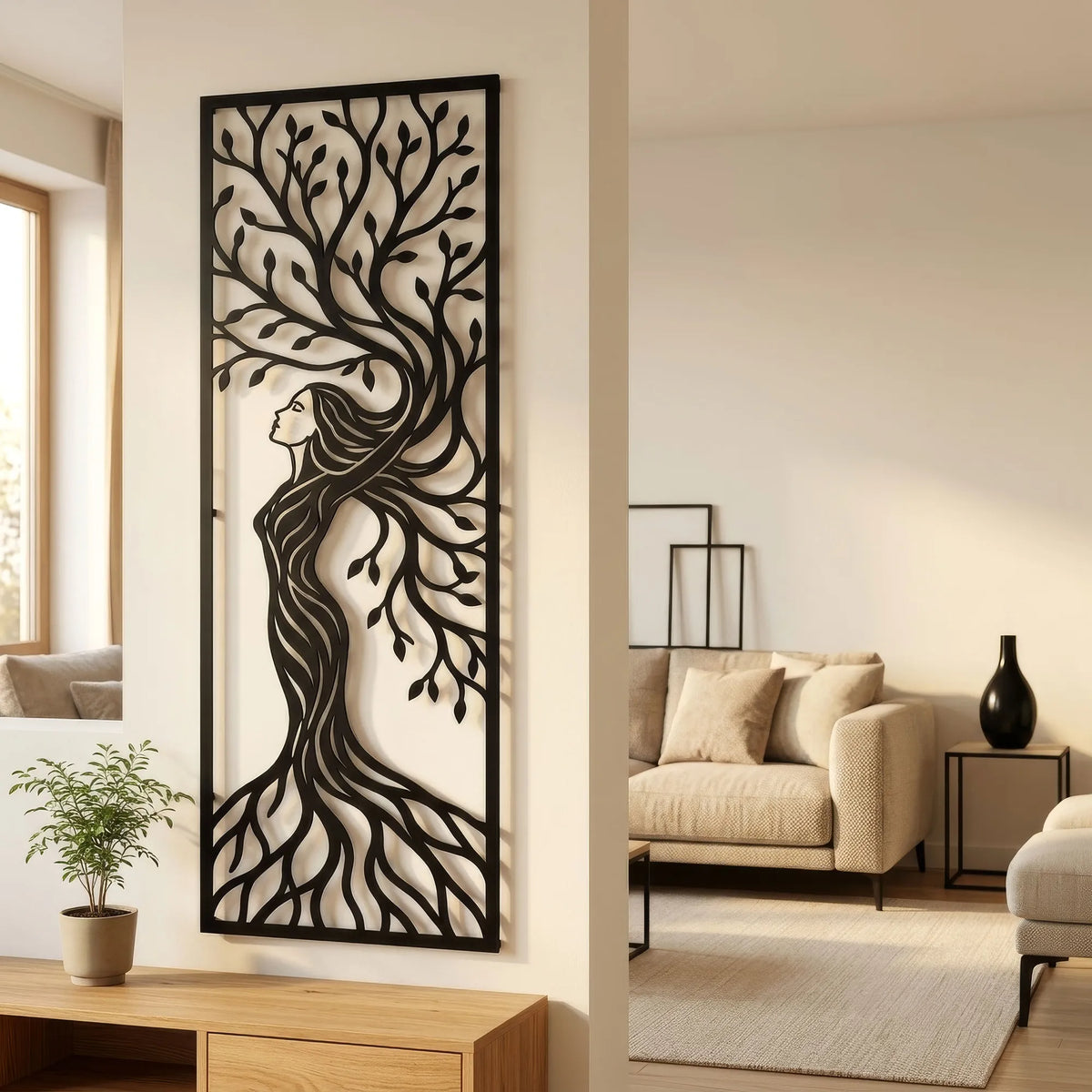 Femme arbre en métal noir, déco murale verticale