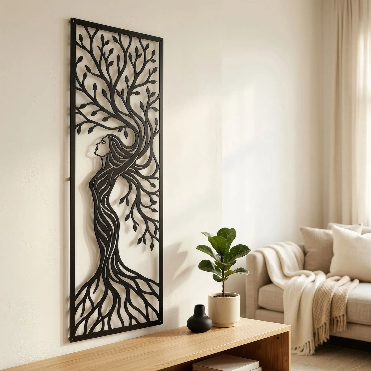 Femme arbre en métal noir, déco murale verticale, vue 3