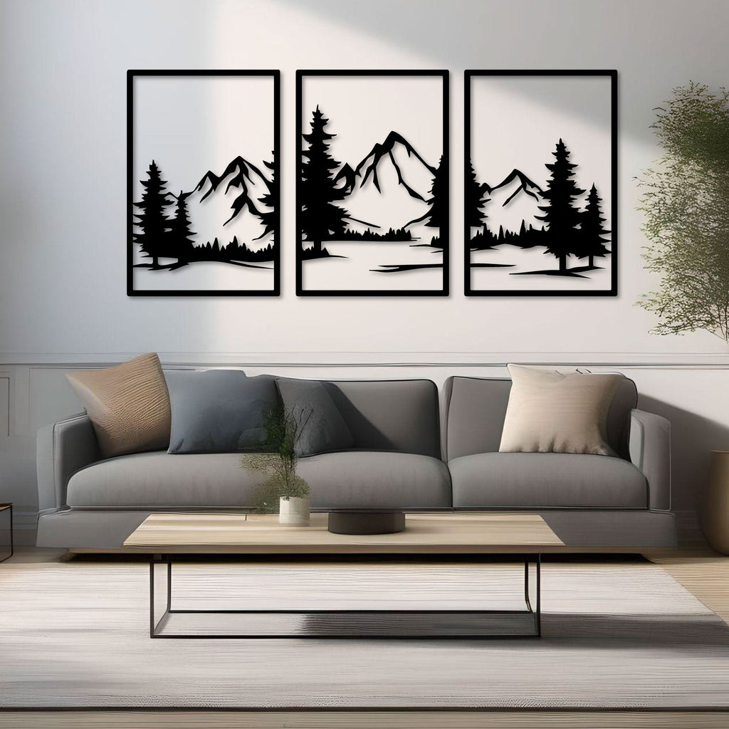 Triptyque montagne et sapins en métal noir, 3 panneaux, vue 3