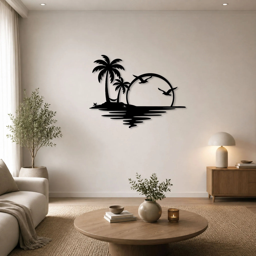 Coucher de soleil tropical avec palmiers et hamac, métal noir, vue 2