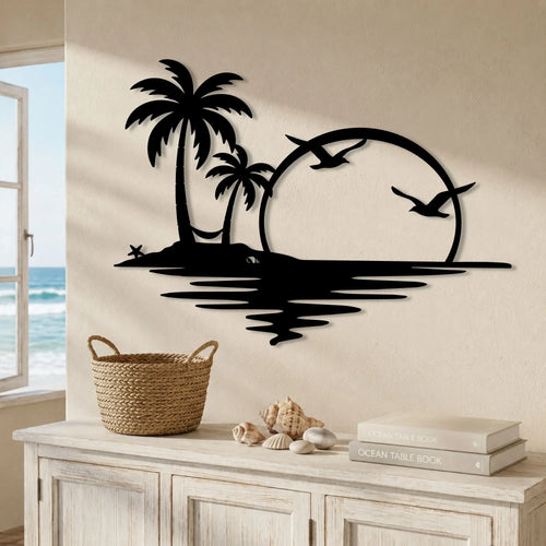Coucher de soleil tropical avec palmiers et hamac, métal noir