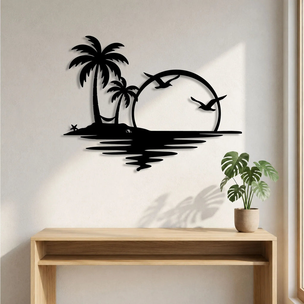 Coucher de soleil tropical avec palmiers et hamac, métal noir, vue 3