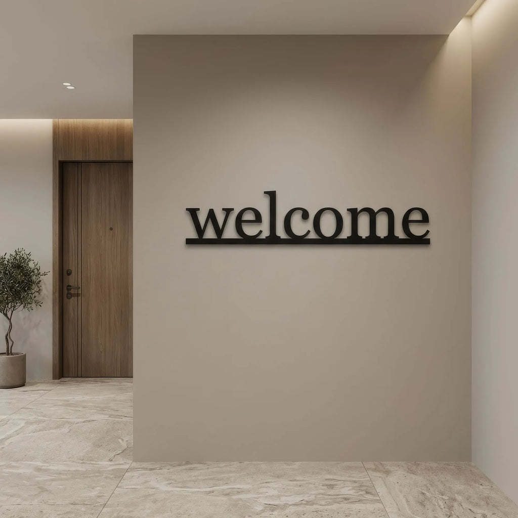 Mot welcome en lettres de métal noir, déco murale d'entrée, vue 2