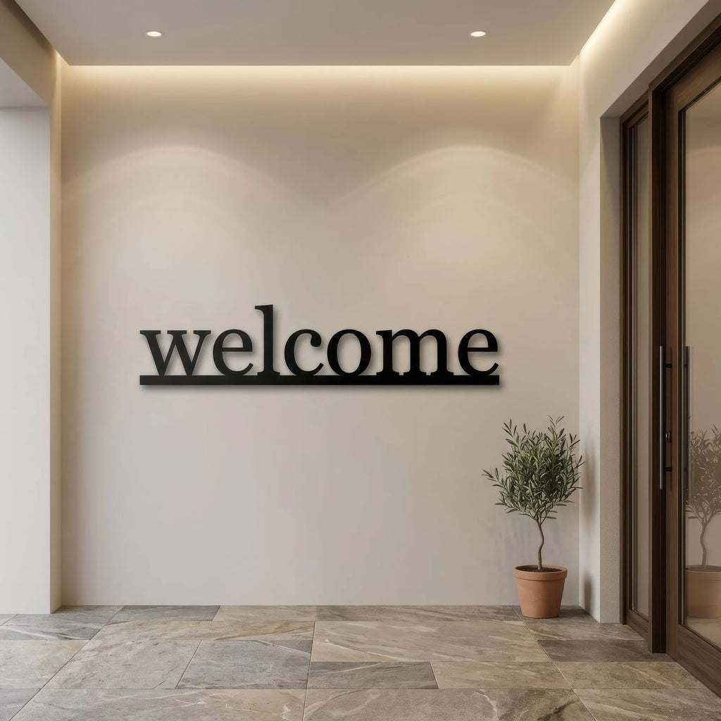 Mot welcome en lettres de métal noir, déco murale d'entrée