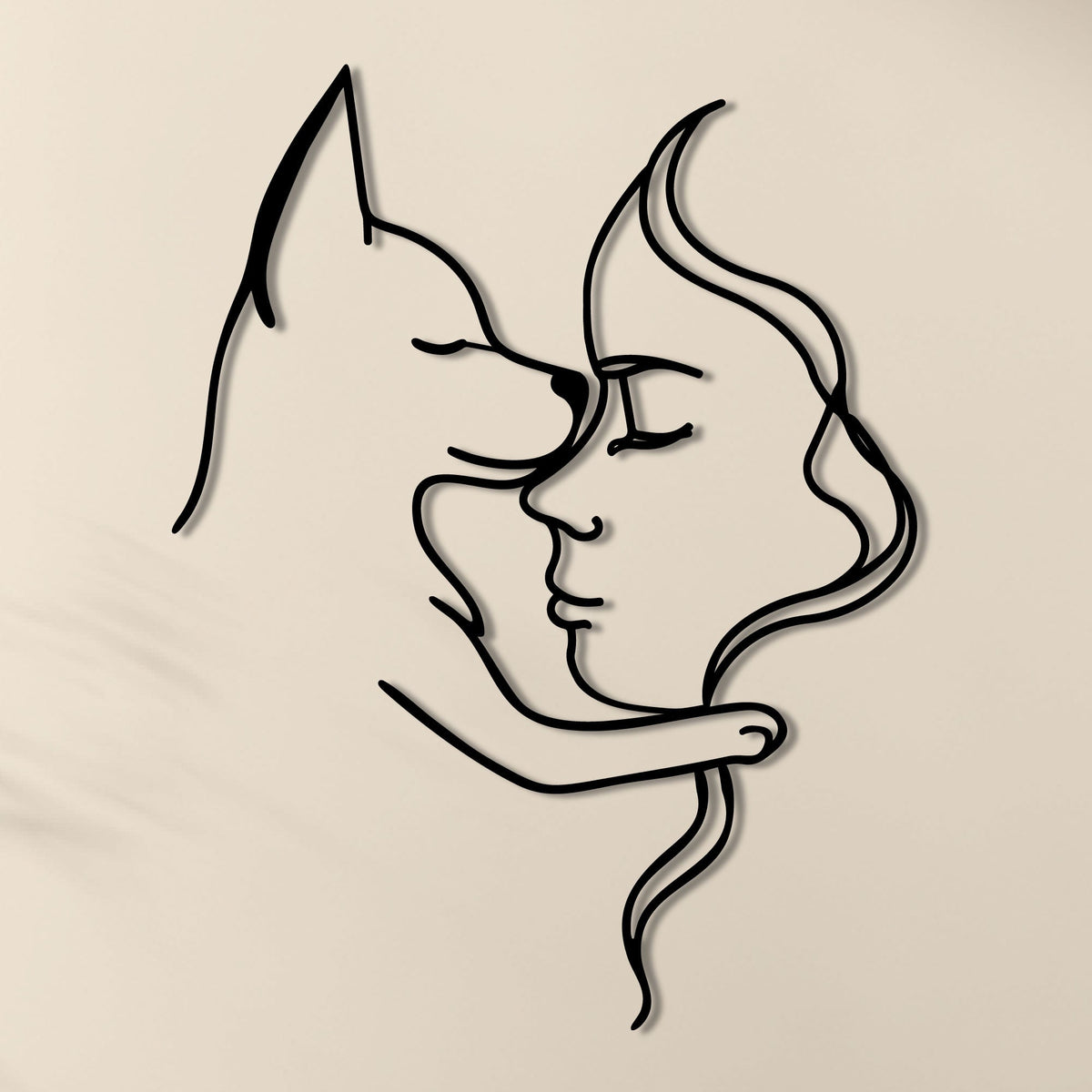 Femme et chihuahua en trait continu, déco murale métal noir