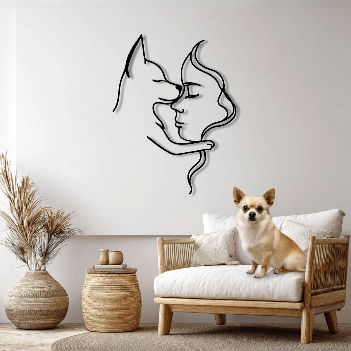 Femme et chihuahua en trait continu, déco murale métal noir, vue 2