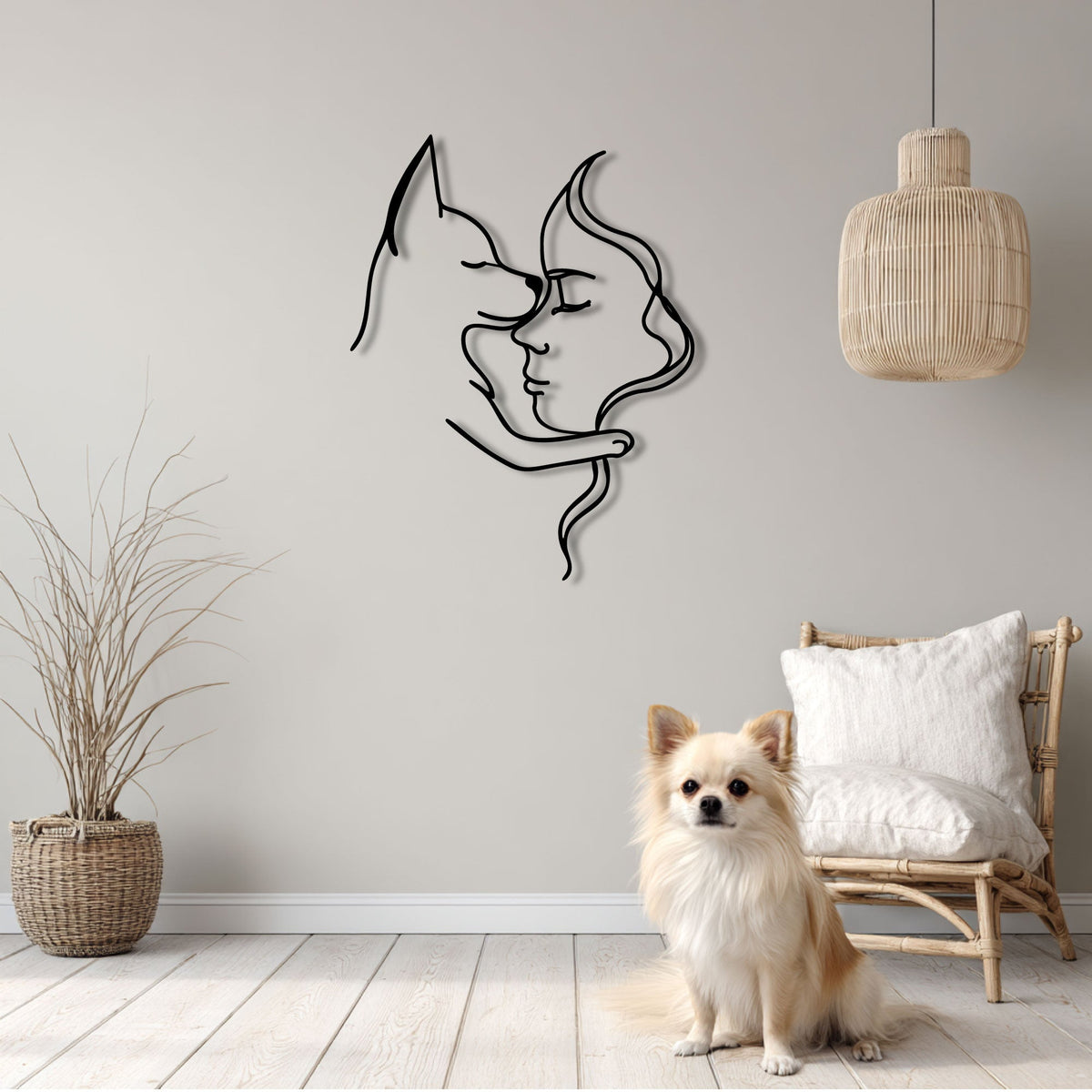 Femme et chihuahua en trait continu, déco murale métal noir, vue 3