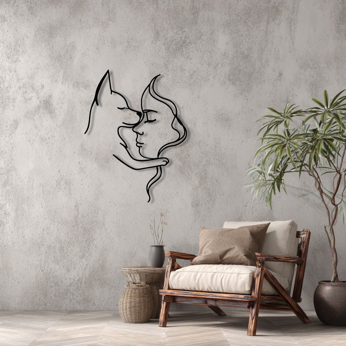 Femme et chihuahua en trait continu, déco murale métal noir, vue 5