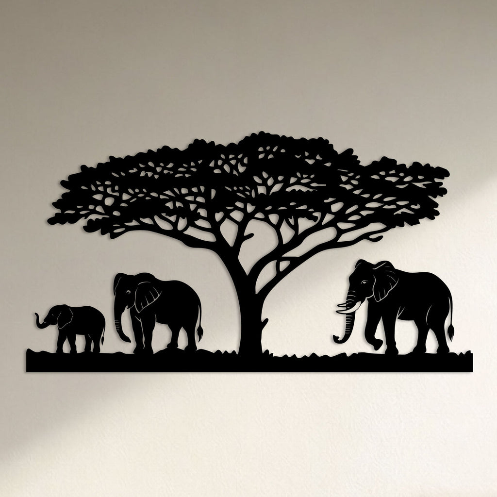 Famille d'éléphants sous un acacia, déco murale en métal noir