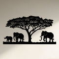Famille d'éléphants sous un acacia, déco murale en métal noir