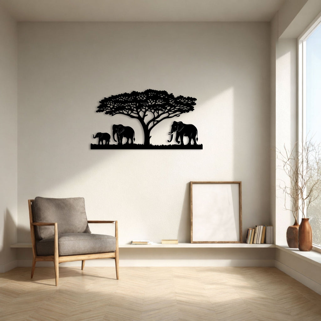 Famille d'éléphants sous un acacia, déco murale en métal noir, vue 2