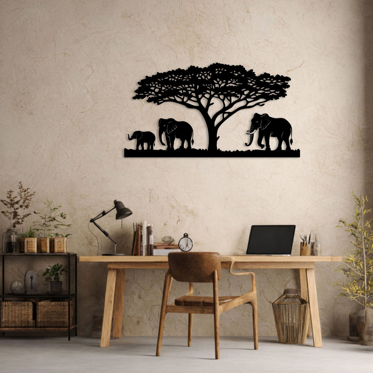 Famille d'éléphants sous un acacia, déco murale en métal noir, vue 3