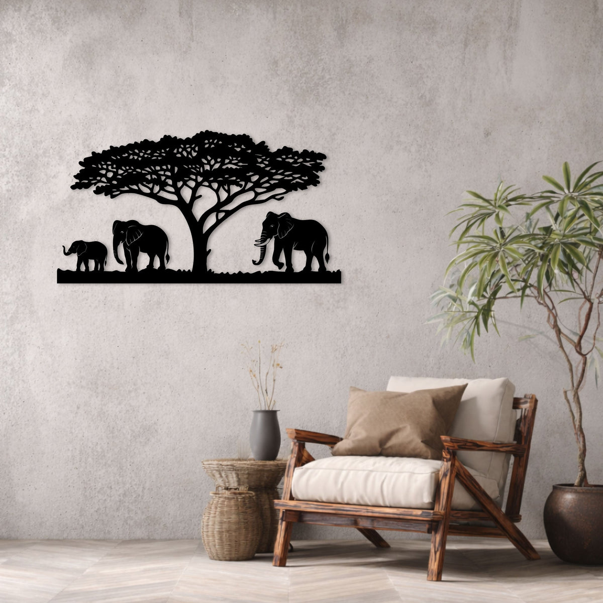 Famille d'éléphants sous un acacia, déco murale en métal noir, vue 4