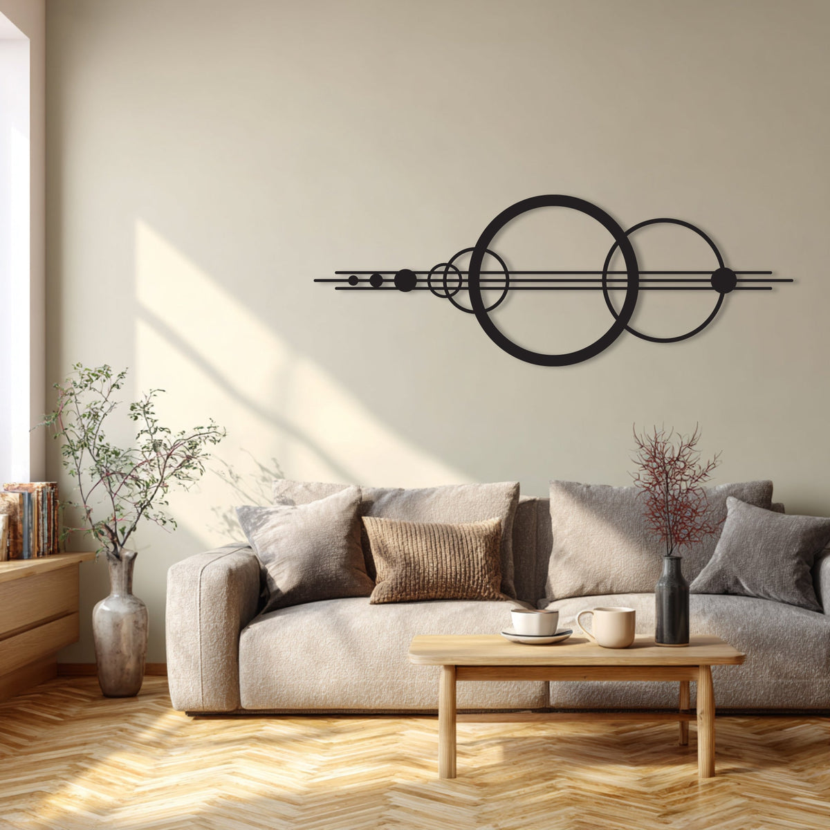 Cercles et lignes abstraits en métal noir, déco panoramique, vue 2