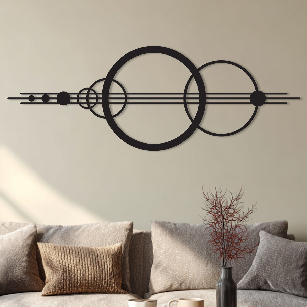 Cercles et lignes abstraits en métal noir, déco panoramique