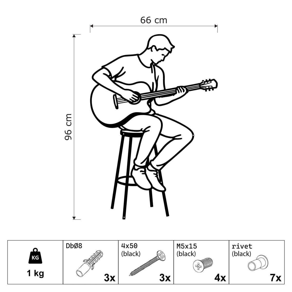Guitariste assis sur un tabouret, déco murale en métal noir, vue 3