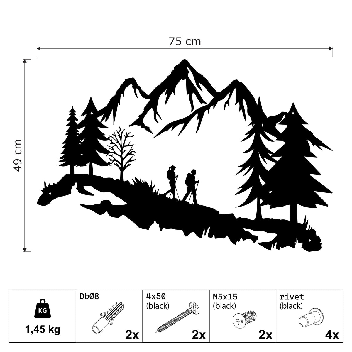 Randonneurs en montagne entre les sapins, déco murale métal noir, vue 5