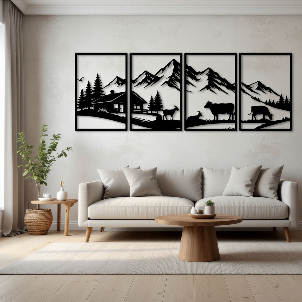 Paysage alpin avec chalet et vaches en métal noir, 4 panneaux, vue 2