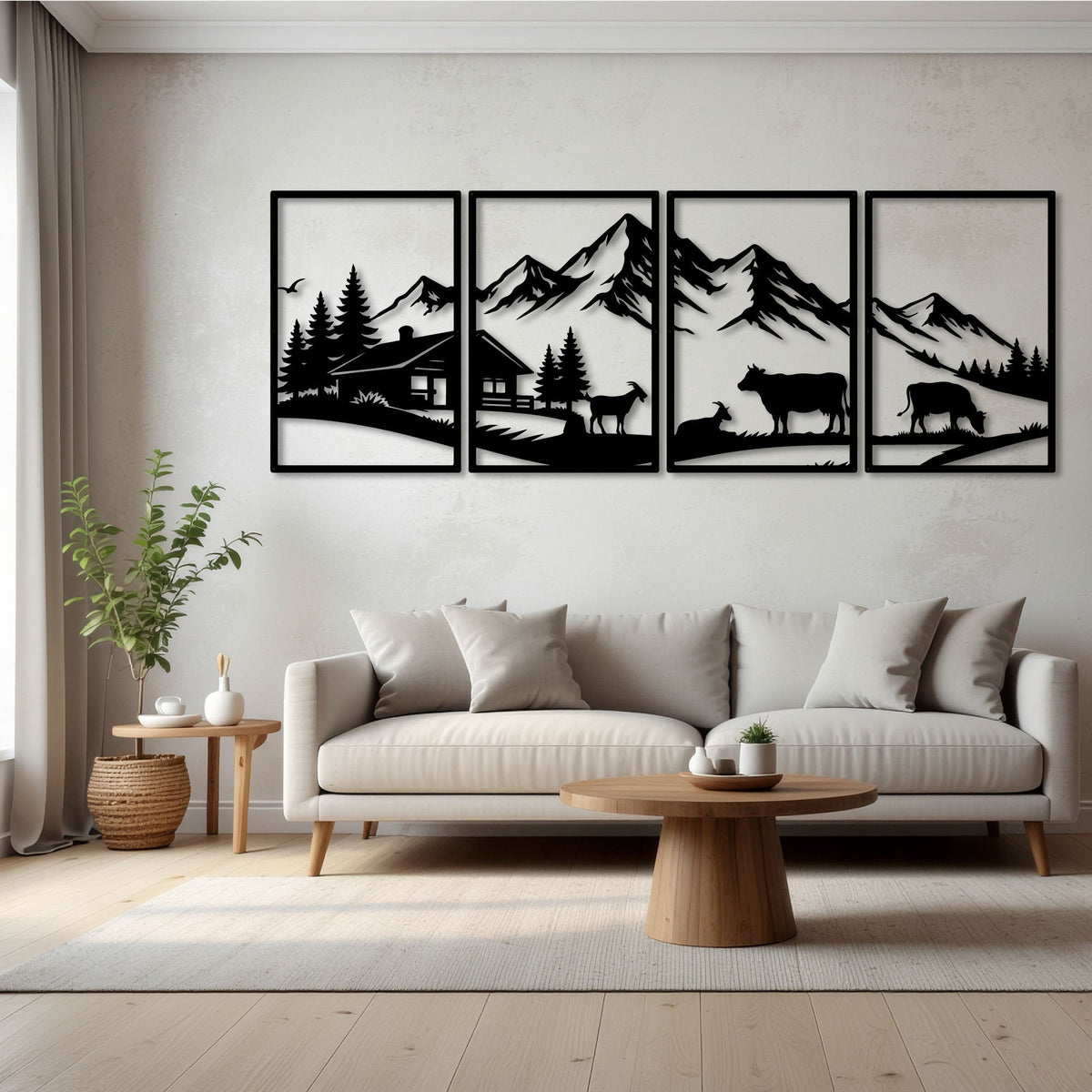 Paysage alpin avec chalet et vaches en métal noir, 4 panneaux, vue 2