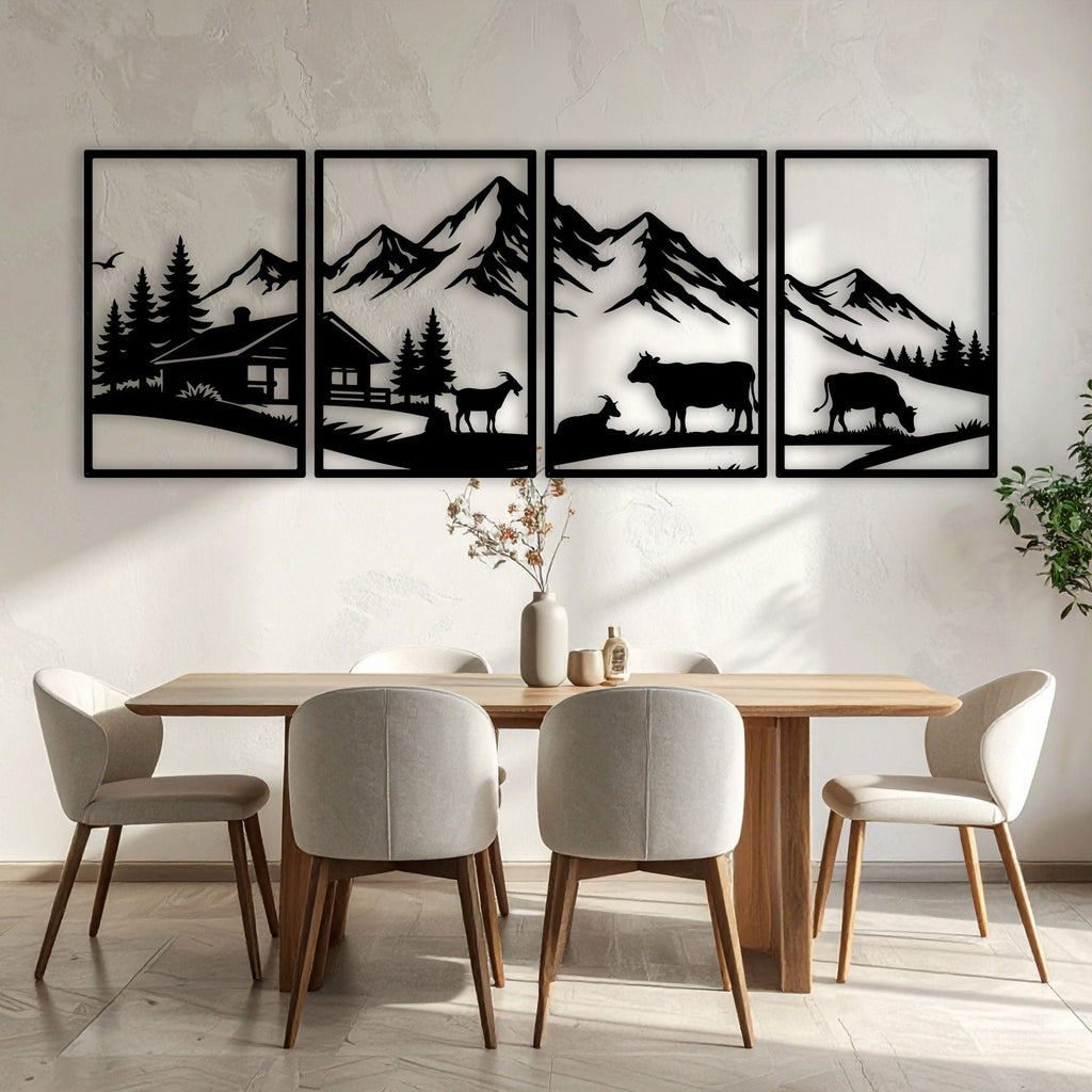 Paysage alpin avec chalet et vaches en métal noir, 4 panneaux, vue 3