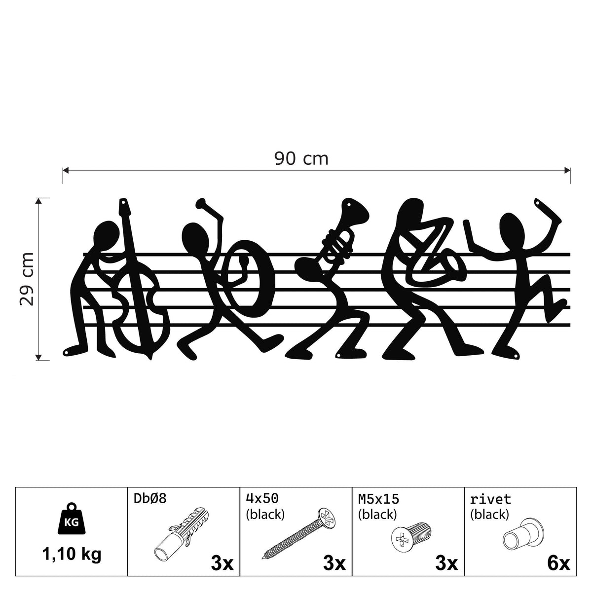 Musiciens sur une portée en métal noir, déco murale jazz, vue 4