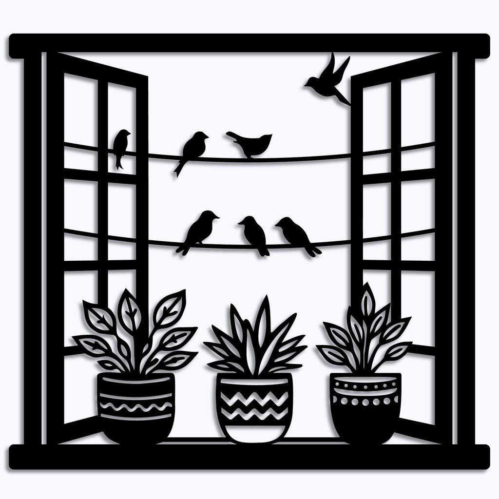 Oiseaux à la fenêtre parmi les plantes, déco murale en métal