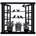 Oiseaux à la fenêtre parmi les plantes, déco murale en métal