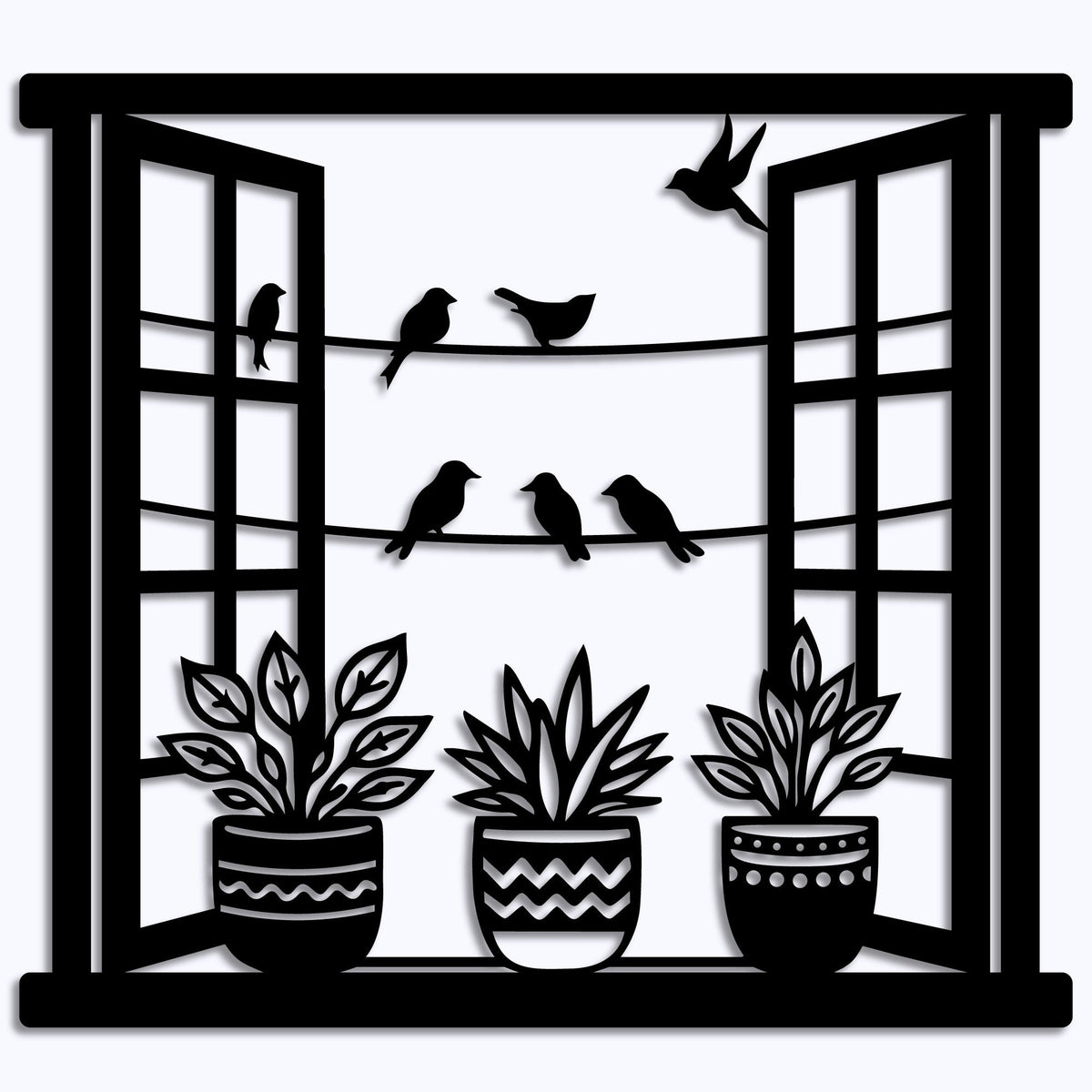 Oiseaux à la fenêtre parmi les plantes, déco murale en métal