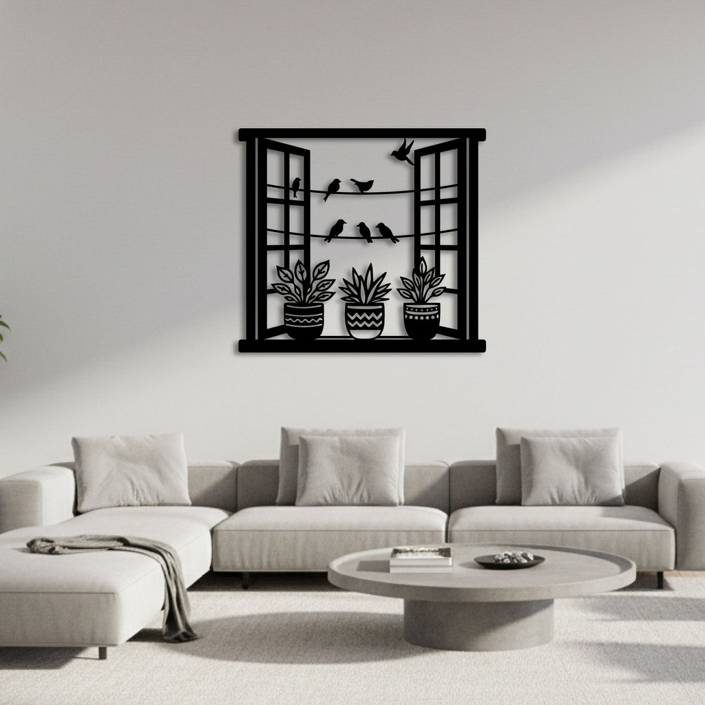 Oiseaux à la fenêtre parmi les plantes, déco murale en métal, vue 3