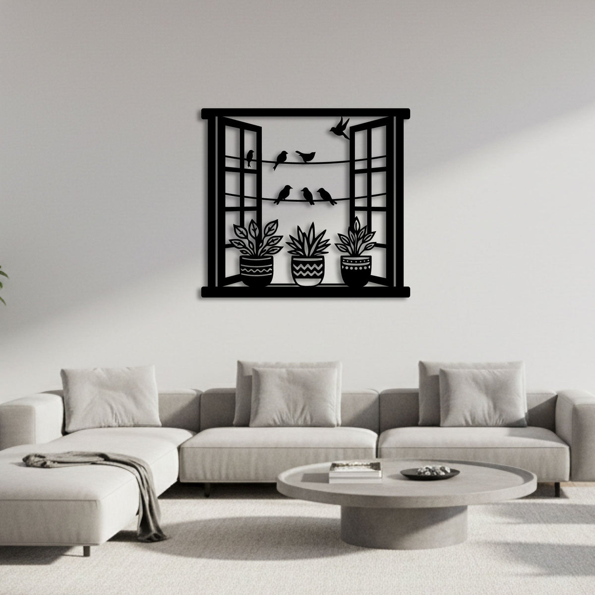 Oiseaux à la fenêtre parmi les plantes, déco murale en métal, vue 3