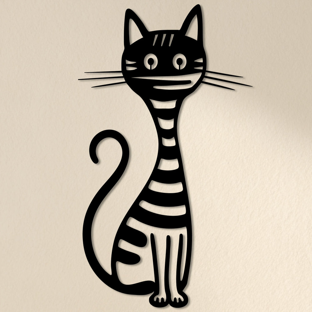 Chat rayé au long cou en métal noir, déco murale amusante