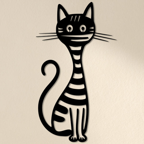 Chat rayé au long cou en métal noir, déco murale amusante