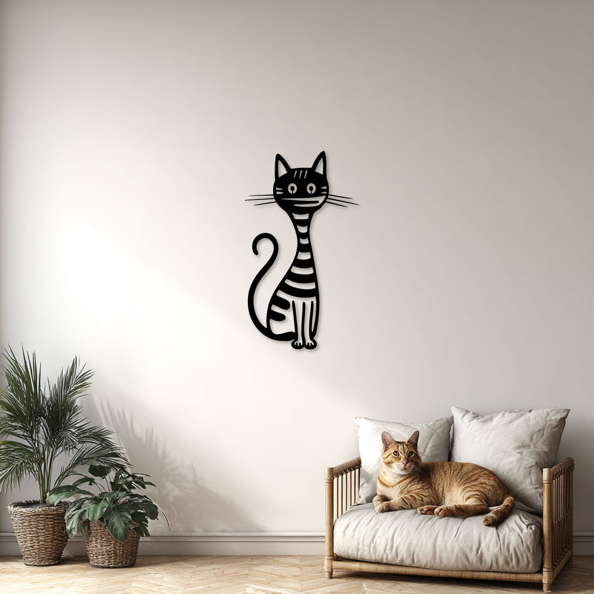 Chat rayé au long cou en métal noir, déco murale amusante, vue 2