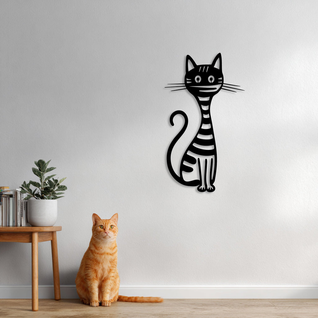 Chat rayé au long cou en métal noir, déco murale amusante, vue 3