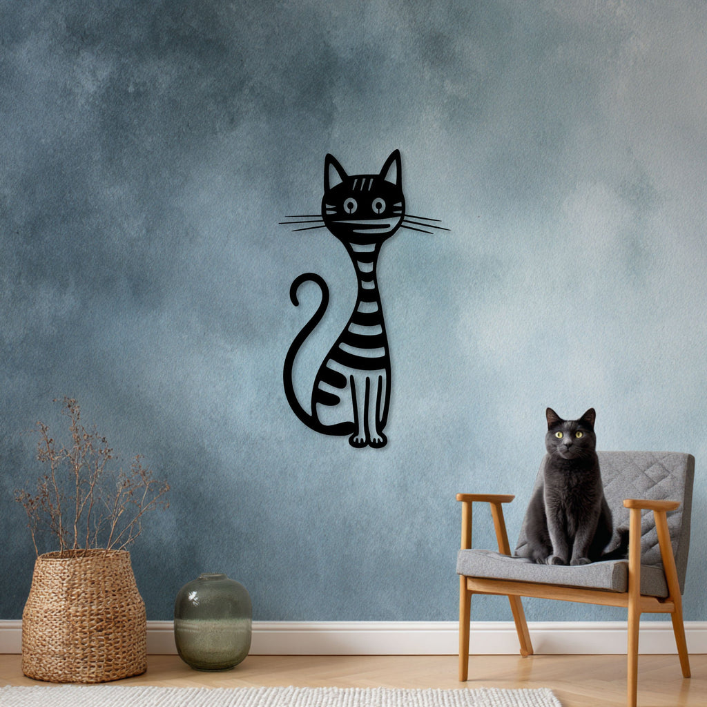 Chat rayé au long cou en métal noir, déco murale amusante, vue 4