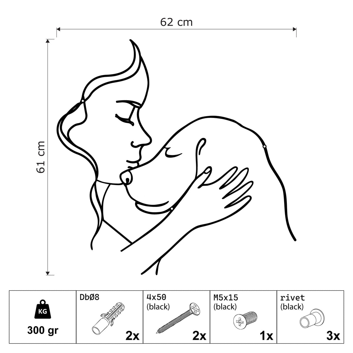 Femme embrassant son chien en métal noir, déco murale, vue 7