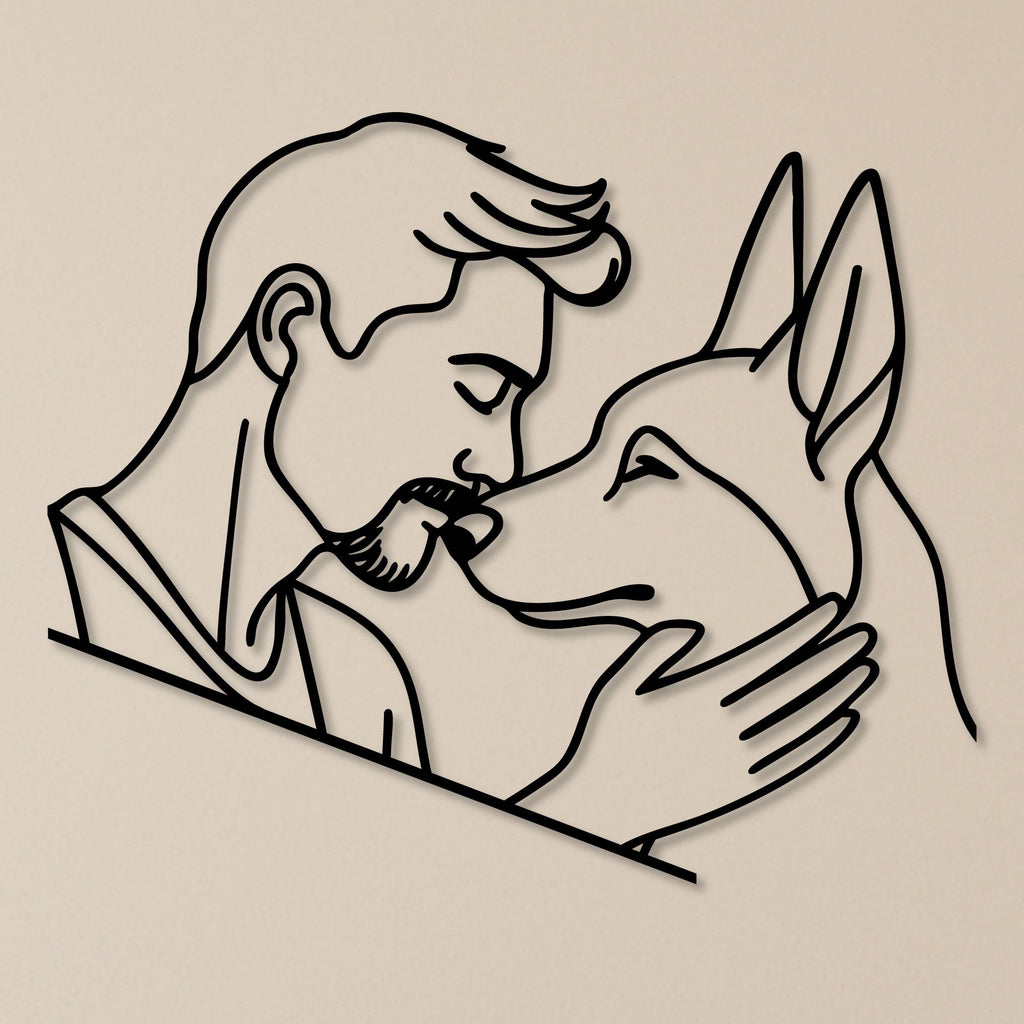 Homme et son chien en trait continu, déco murale métal noir