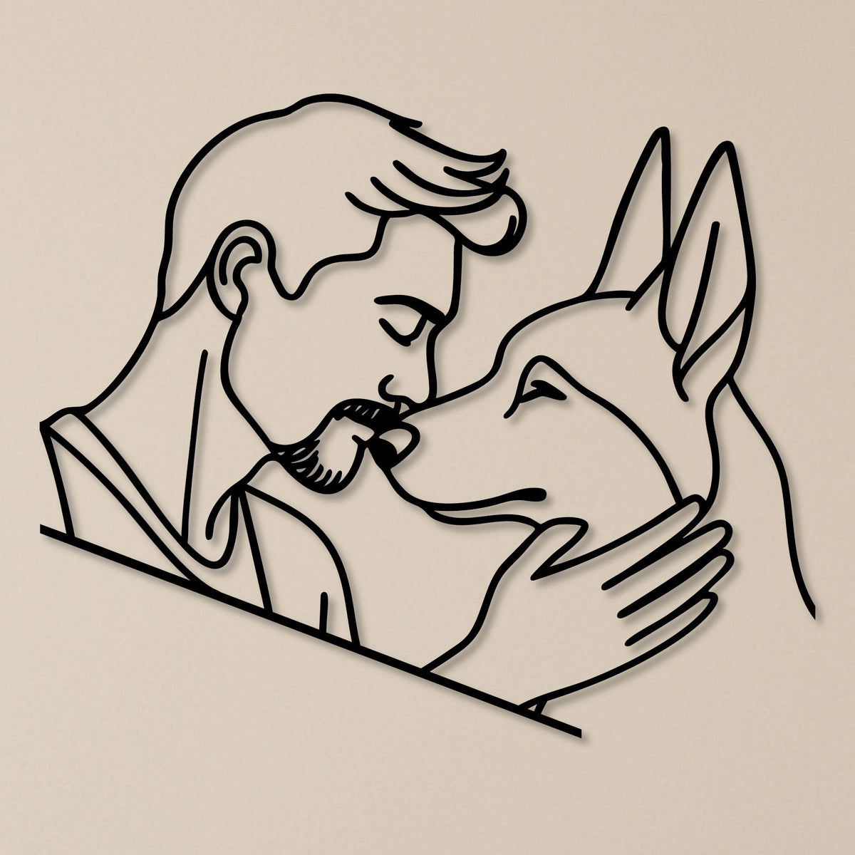 Homme et son chien en trait continu, déco murale métal noir