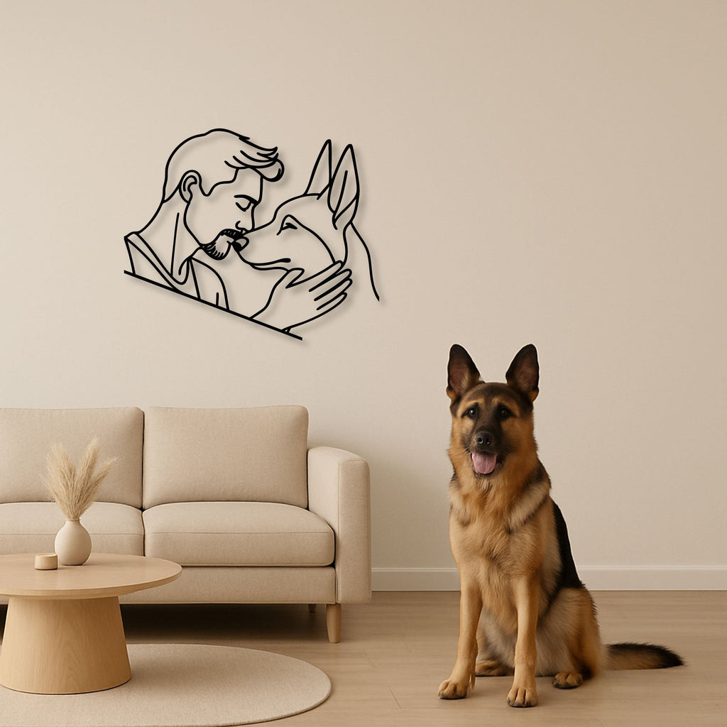 Homme et son chien en trait continu, déco murale métal noir, vue 2