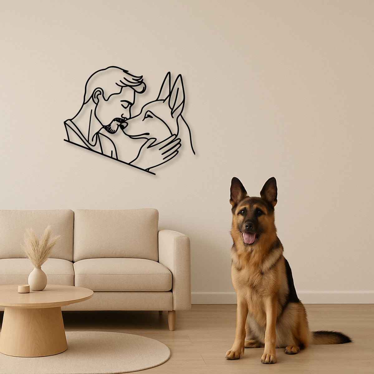 Homme et son chien en trait continu, déco murale métal noir, vue 2