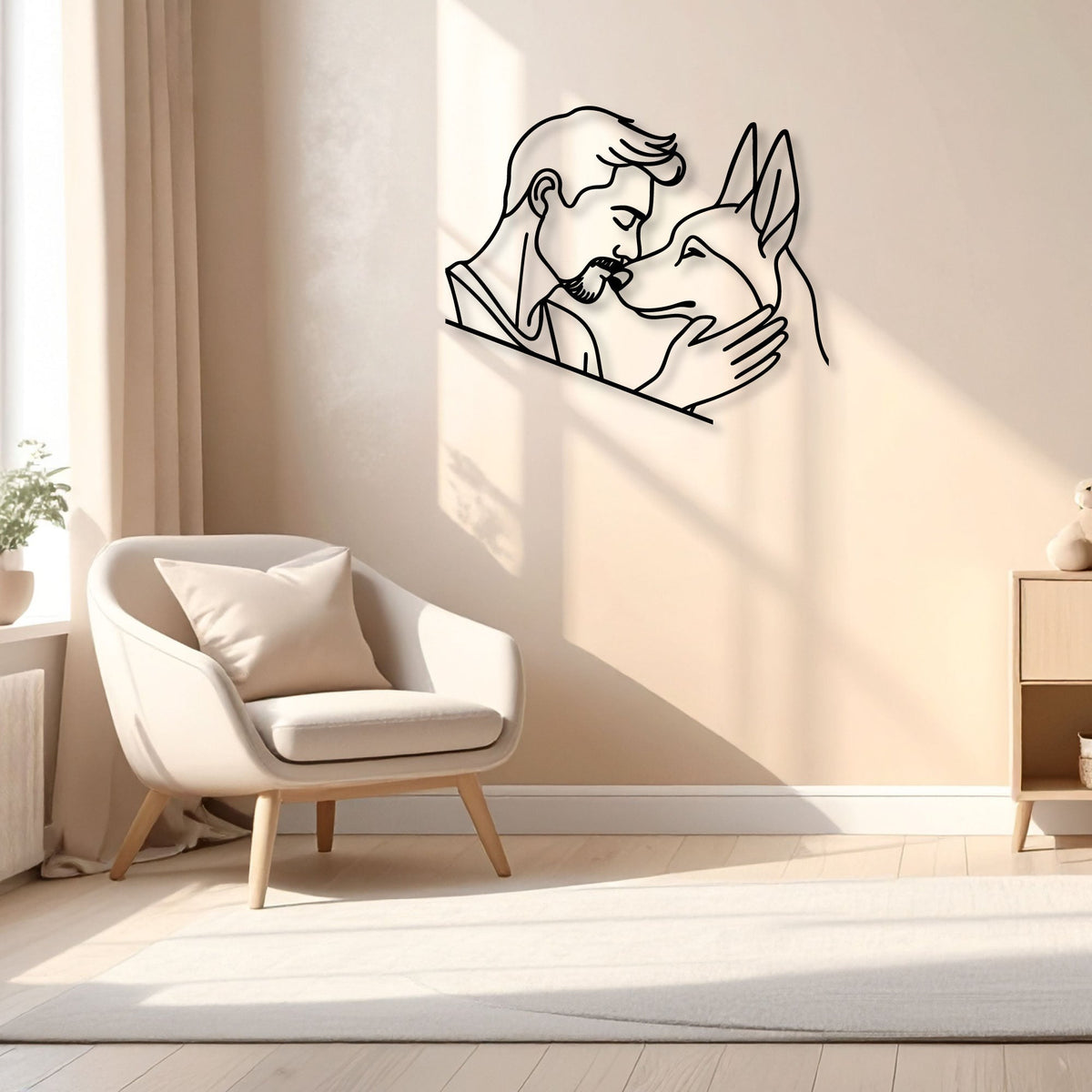 Homme et son chien en trait continu, déco murale métal noir, vue 3