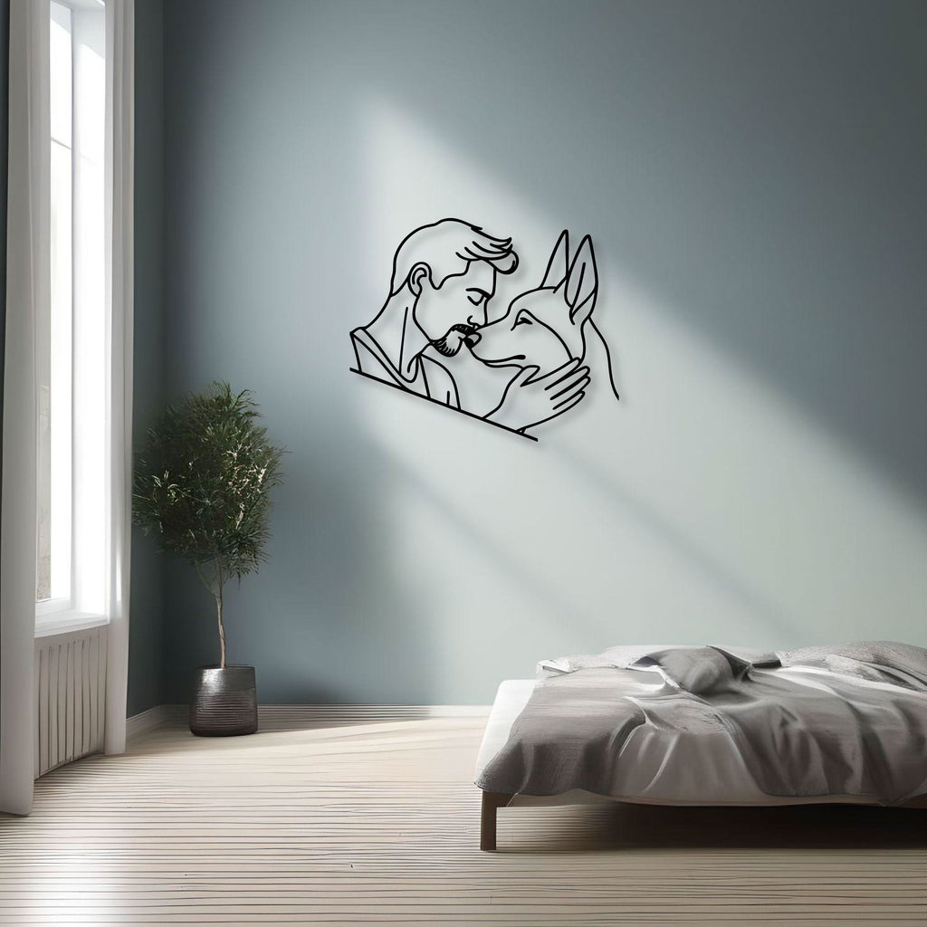 Homme et son chien en trait continu, déco murale métal noir, vue 4