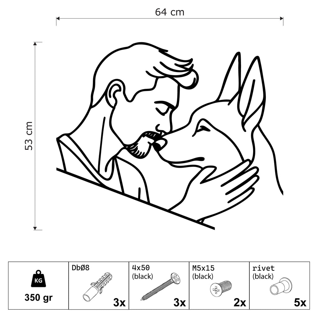 Homme et son chien en trait continu, déco murale métal noir, vue 5