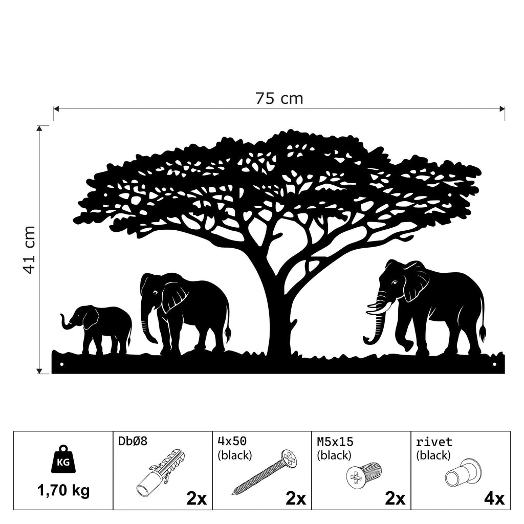 Famille d'éléphants sous un acacia, déco murale en métal noir, vue 5