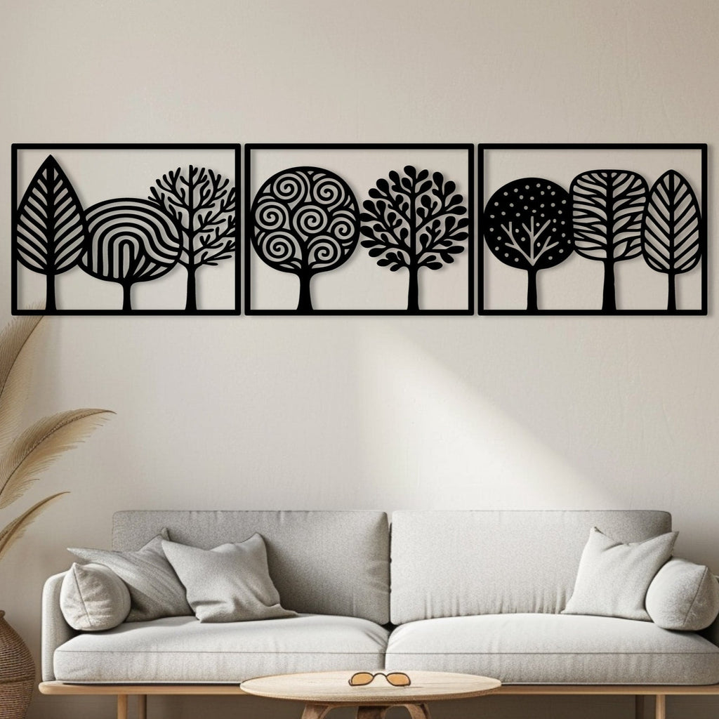 Triptyque arbres graphiques en métal noir, 3 cadres