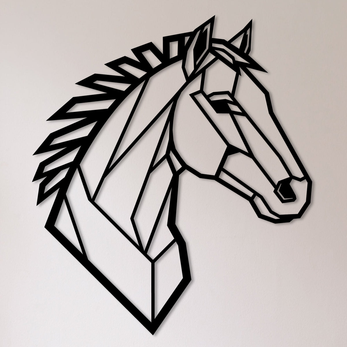 Tête de cheval géométrique en métal noir, décoration murale