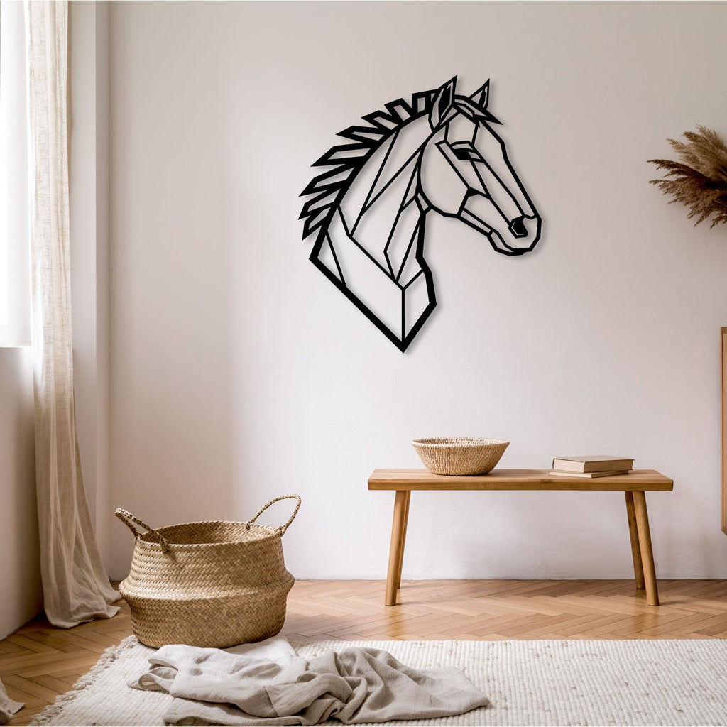 Tête de cheval géométrique en métal noir, décoration murale, vue 2