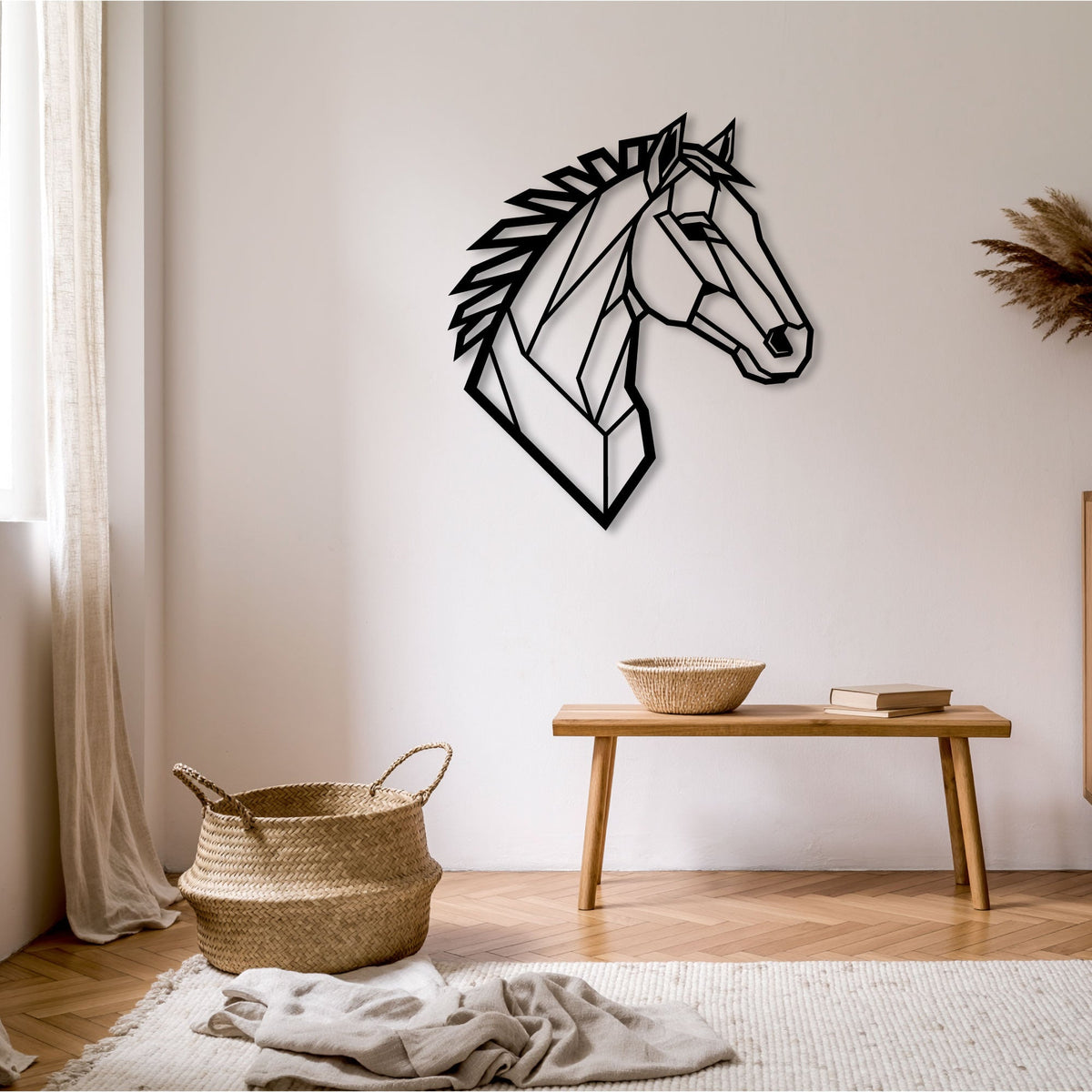 Tête de cheval géométrique en métal noir, décoration murale, vue 2