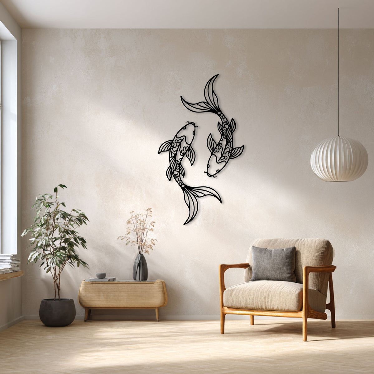 Deux carpes koï en métal noir, déco murale verticale, vue 3